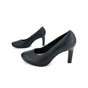 Clarks Collection High Heel Pump Sz 8.5 Black Leather Mini-Platform Padded Comfy